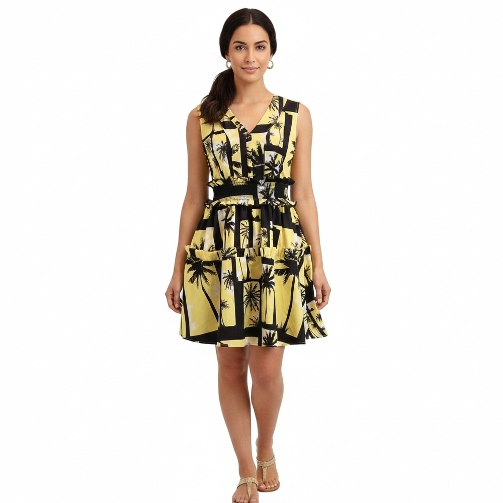 Beulah Style Sleeveless Midi Dress Yellow With Black Palm Trees Size S Ruffle